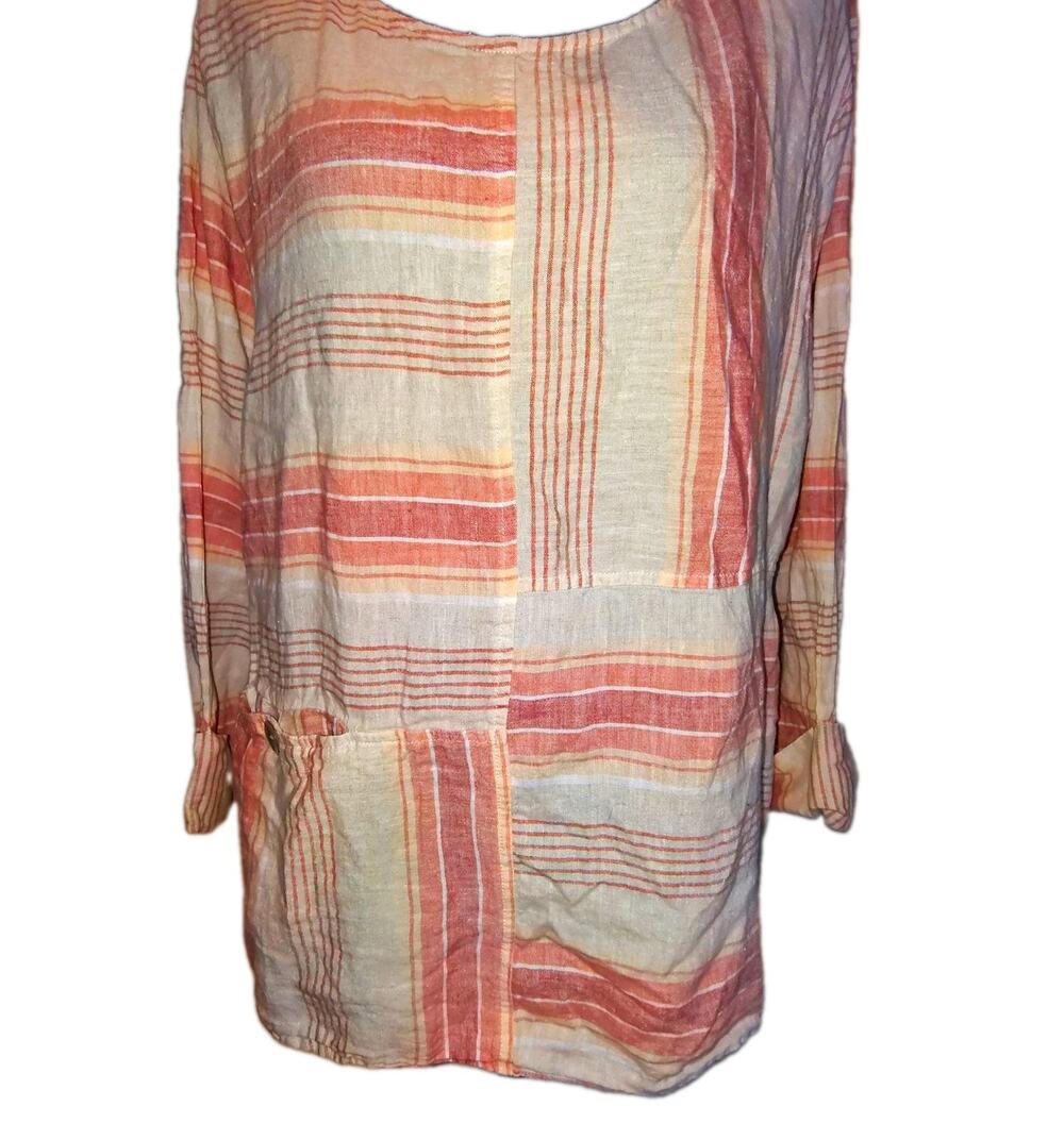 Habitat Linen Blend Striped Patchwork Tunic Top L Minimalist Cottage Natural